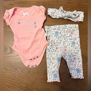Tahari Pink Onesie Set with Floral Pants and Headband